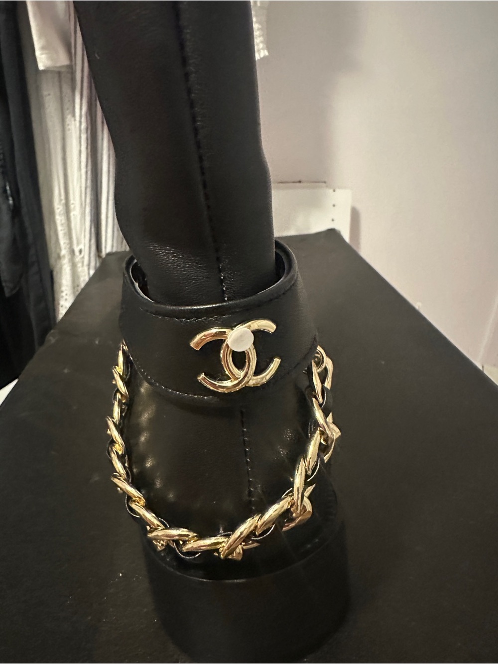 Source Unknown Black Leather Knee Boot with Gold Chain Accent NEW